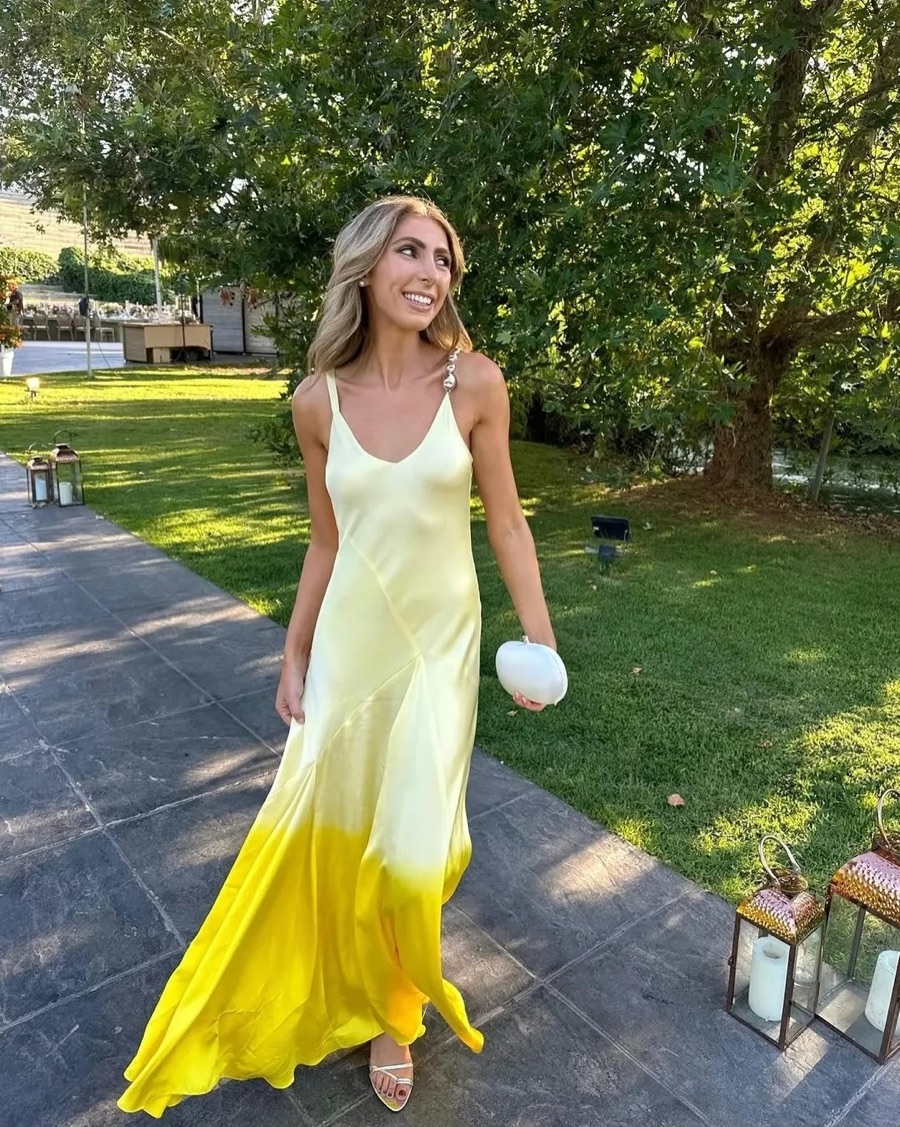 Pale yellow dress in a garden